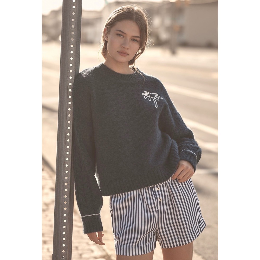 Sundry Navy blue Palm Tree Embroidered Wool Blend Cable‎ Knit fuzzy cozy Sweater